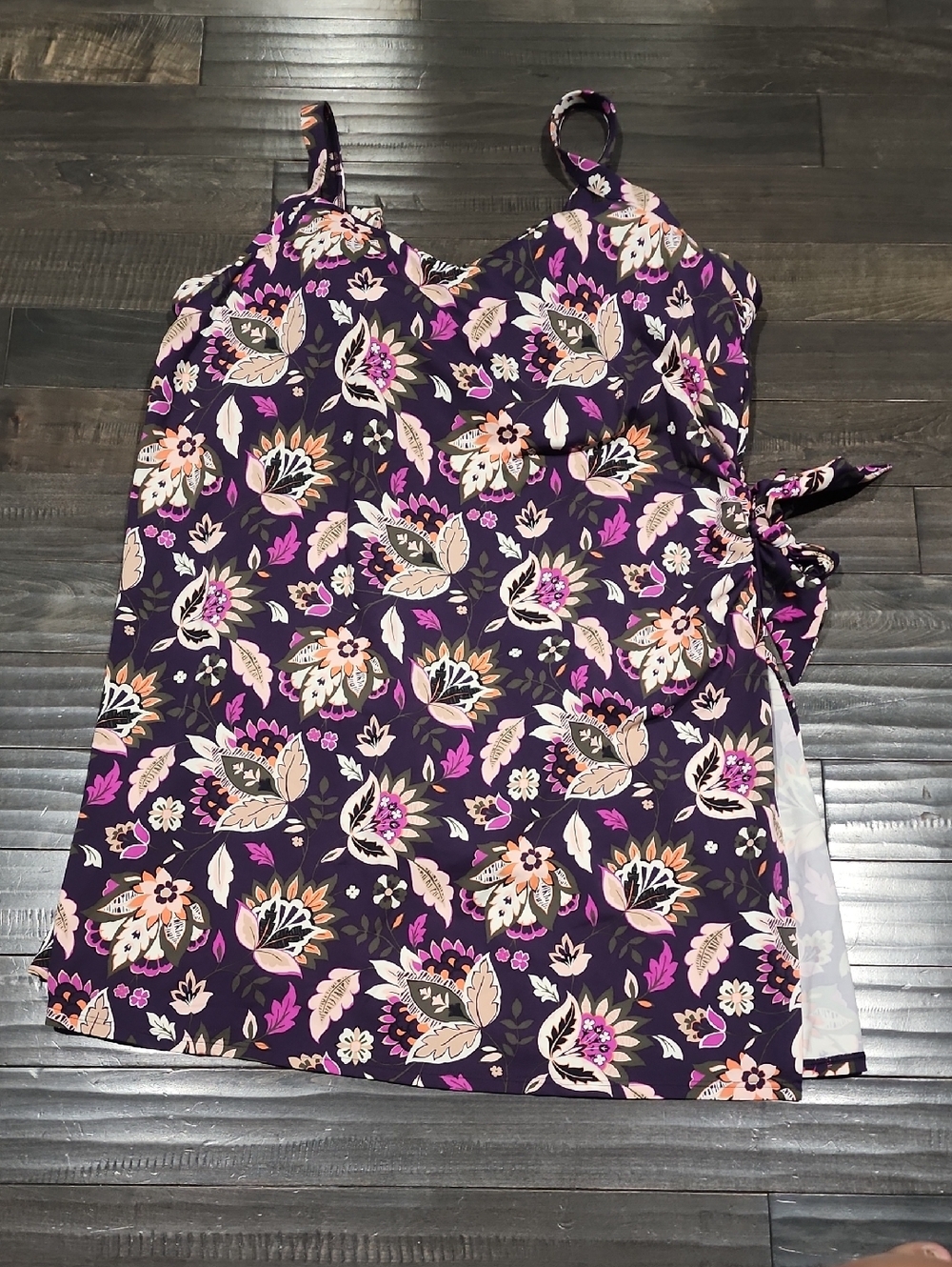 Lands End Floral Purple Tie-Side Bathing Suit Gorgeous Colors